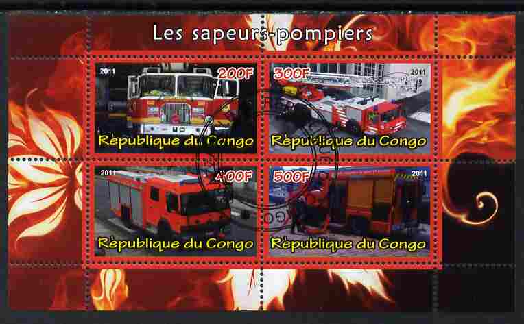 Congo 2011 Fire Brigades #1 perf sheetlet containing 4 values cto used, stamps on , stamps on  stamps on fire