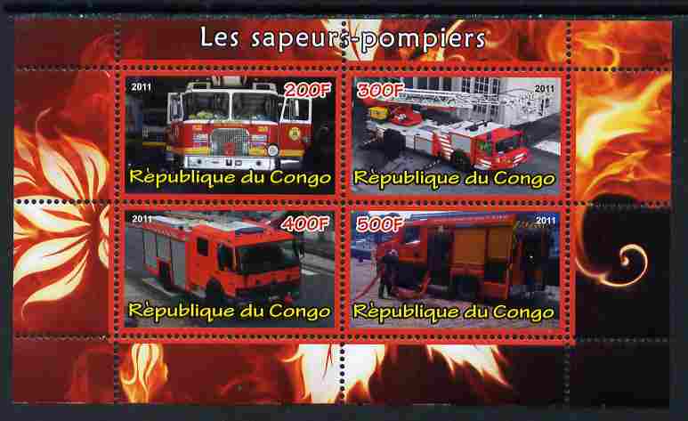 Congo 2011 Fire Brigades #1 perf sheetlet containing 4 values unmounted mint, stamps on , stamps on  stamps on fire