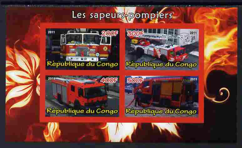 Congo 2011 Fire Brigades #1 imperf sheetlet containing 4 values unmounted mint, stamps on , stamps on  stamps on fire