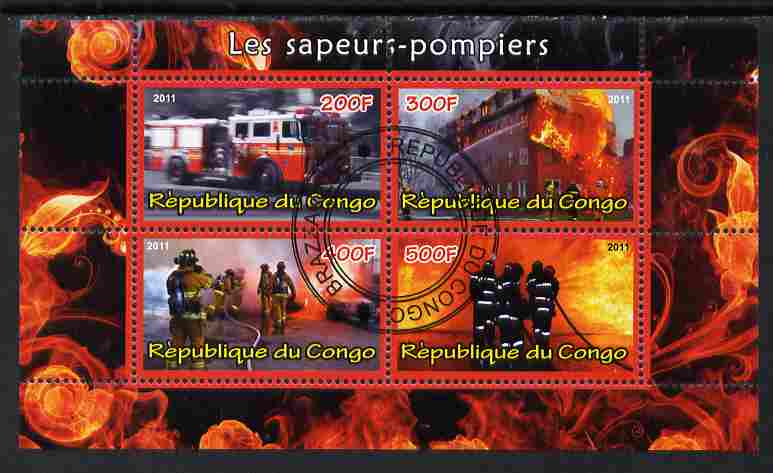 Congo 2011 Fire Brigades #2 perf sheetlet containing 4 values cto used, stamps on , stamps on  stamps on fire