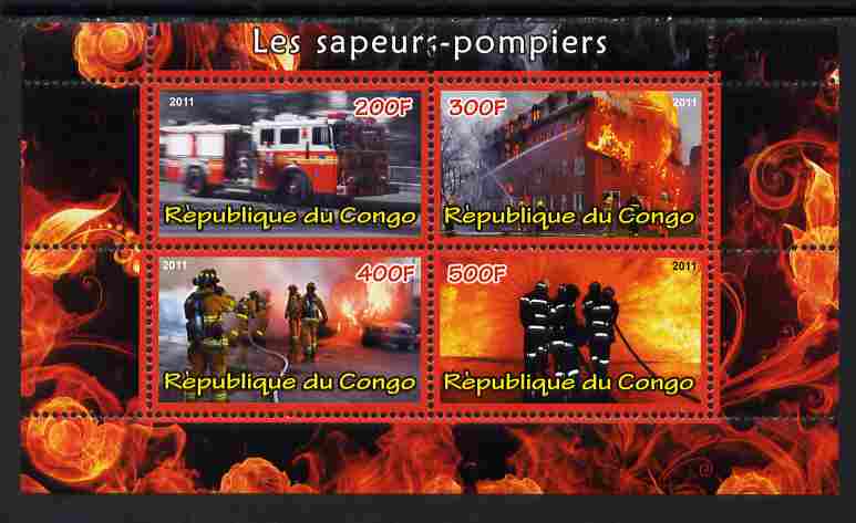 Congo 2011 Fire Brigades #2 perf sheetlet containing 4 values unmounted mint, stamps on , stamps on  stamps on fire