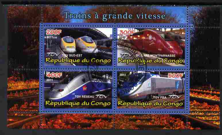 Congo 2011 High Speed Trains #1 perf sheetlet containing 4 values cto used, stamps on railways