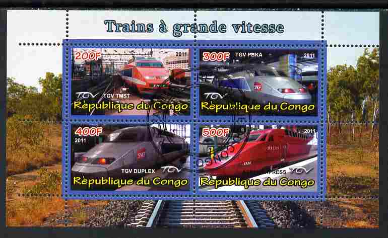 Congo 2011 High Speed Trains #2 perf sheetlet containing 4 values cto used, stamps on , stamps on  stamps on railways