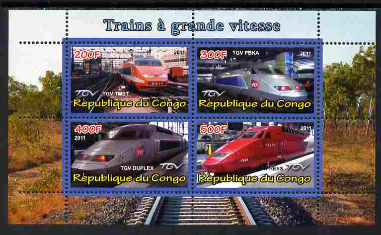 Congo 2011 High Speed Trains #2 perf sheetlet containing 4 values unmounted mint, stamps on , stamps on  stamps on railways