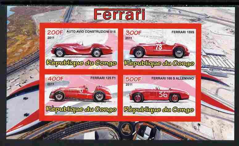 Congo 2011 Ferrari cars #1 imperf sheetlet containing 4 values unmounted mint, stamps on cars, stamps on ferrari, stamps on  f1 , stamps on formula 1, stamps on racing cars, stamps on 