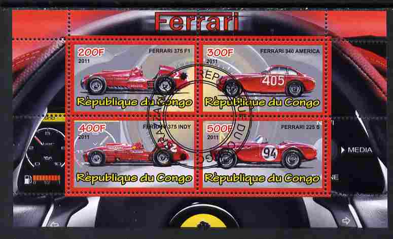 Congo 2011 Ferrari cars #2 perf sheetlet containing 4 values cto used, stamps on cars, stamps on ferrari, stamps on  f1 , stamps on formula 1, stamps on racing cars, stamps on 