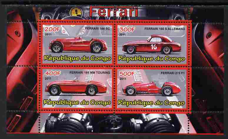 Congo 2011 Ferrari cars #3 perf sheetlet containing 4 values unmounted mint, stamps on cars, stamps on ferrari, stamps on  f1 , stamps on formula 1, stamps on racing cars, stamps on 