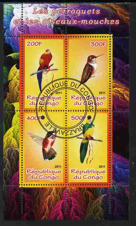 Congo 2011 Birds - Hummingbirds & Parrots perf sheetlet containing 4 values cto used, stamps on , stamps on  stamps on birds, stamps on  stamps on hummingbirds, stamps on  stamps on parrots