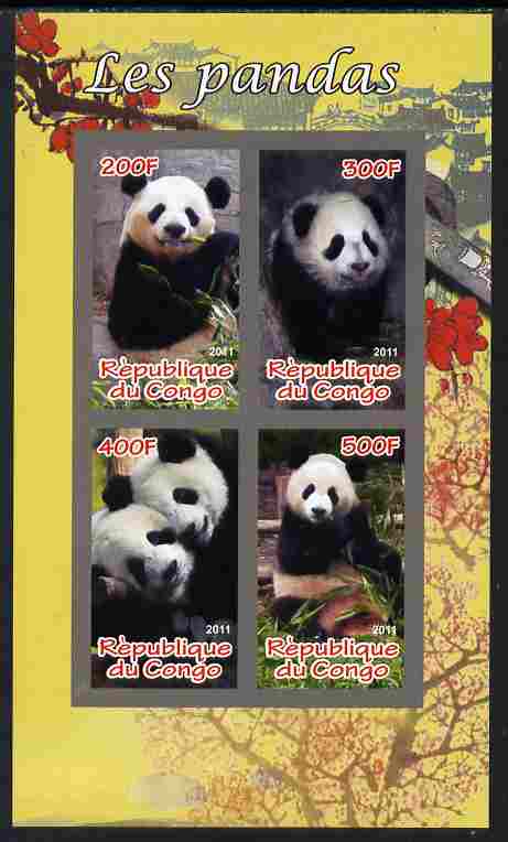 Congo 2011 Pandas imperf sheetlet containing 4 values unmounted mint, stamps on animals, stamps on bears, stamps on pandas