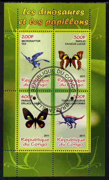 Congo 2011 Butterflies & Dinosaurs #1 perf sheetlet containing 4 values cto used, stamps on , stamps on  stamps on butterflies, stamps on  stamps on dinosaurs