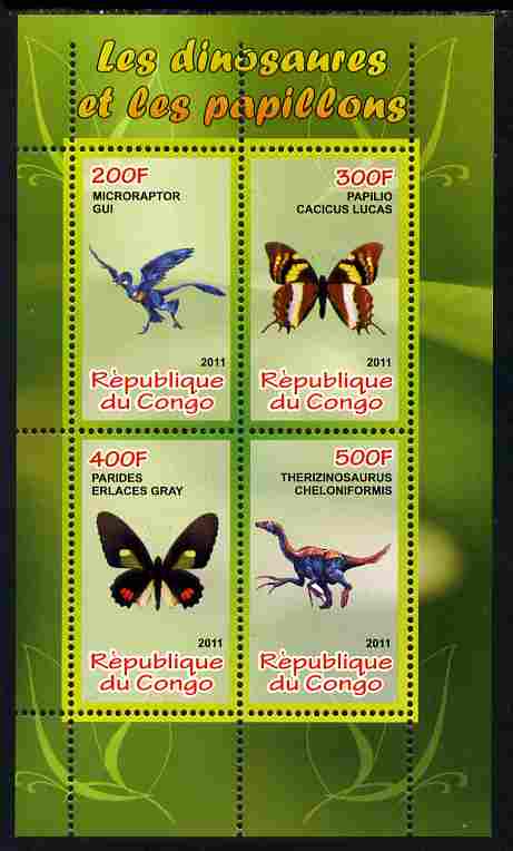 Congo 2011 Butterflies & Dinosaurs #1 perf sheetlet containing 4 values unmounted mint, stamps on butterflies, stamps on dinosaurs