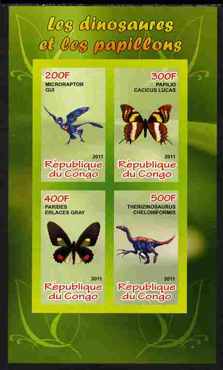 Congo 2011 Butterflies & Dinosaurs #1 imperf sheetlet containing 4 values unmounted mint, stamps on , stamps on  stamps on butterflies, stamps on  stamps on dinosaurs