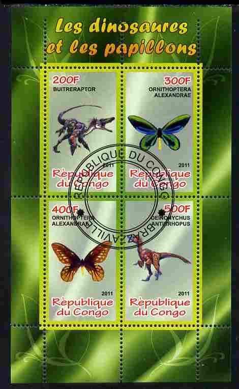 Congo 2011 Butterflies & Dinosaurs #2 perf sheetlet containing 4 values cto used, stamps on , stamps on  stamps on butterflies, stamps on  stamps on dinosaurs