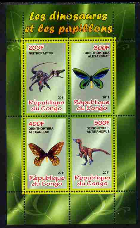 Congo 2011 Butterflies & Dinosaurs #2 perf sheetlet containing 4 values unmounted mint, stamps on , stamps on  stamps on butterflies, stamps on  stamps on dinosaurs