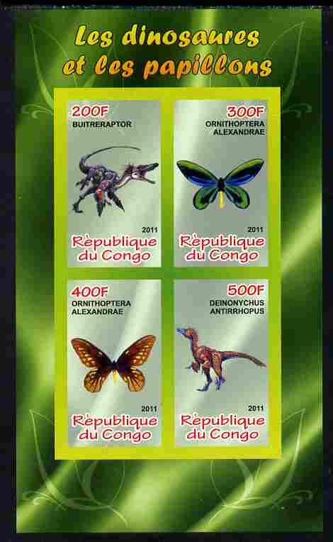 Congo 2011 Butterflies & Dinosaurs #2 imperf sheetlet containing 4 values unmounted mint, stamps on butterflies, stamps on dinosaurs