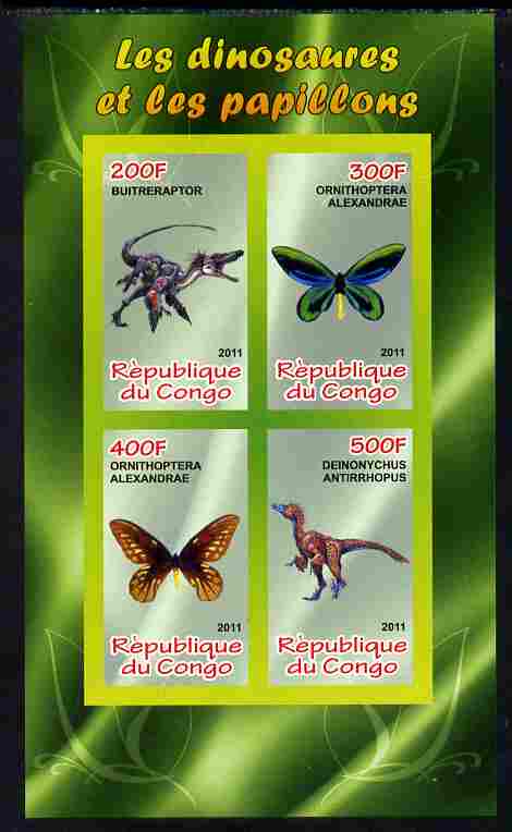 Congo 2011 Butterflies & Dinosaurs #2 imperf sheetlet containing 4 values unmounted mint, stamps on , stamps on  stamps on butterflies, stamps on  stamps on dinosaurs