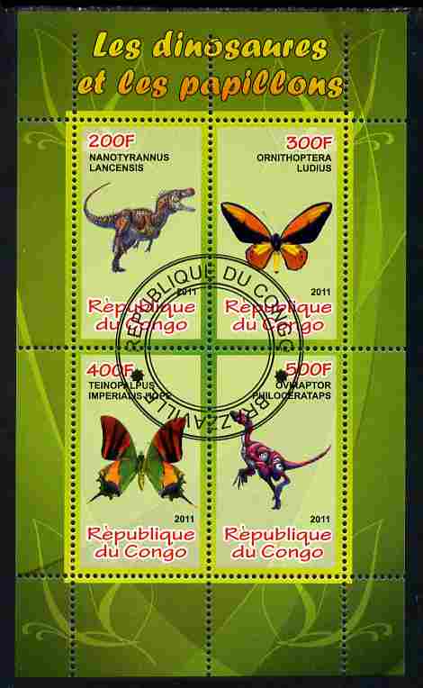 Congo 2011 Butterflies & Dinosaurs #3 perf sheetlet containing 4 values cto used, stamps on butterflies, stamps on dinosaurs