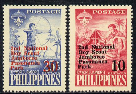 Philippines 1961 2nd Scout Jamboree opt set of 2 on yellow paper, SG 870 & 872 unmounted mint*, stamps on , stamps on  stamps on scouts