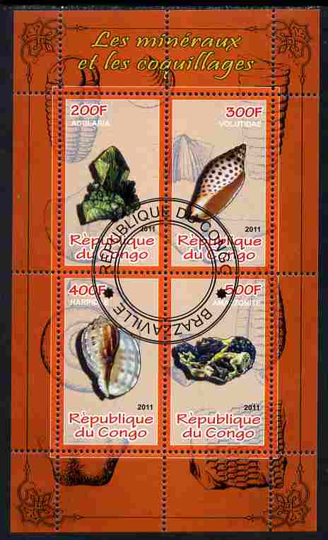 Congo 2011 Minerals & Sea Shells #1 perf sheetlet containing 4 values cto used, stamps on minerals, stamps on marine life, stamps on shells