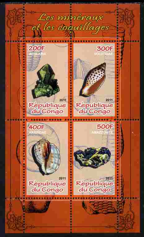 Congo 2011 Minerals & Sea Shells #1 perf sheetlet containing 4 values unmounted mint, stamps on , stamps on  stamps on minerals, stamps on  stamps on marine life, stamps on  stamps on shells