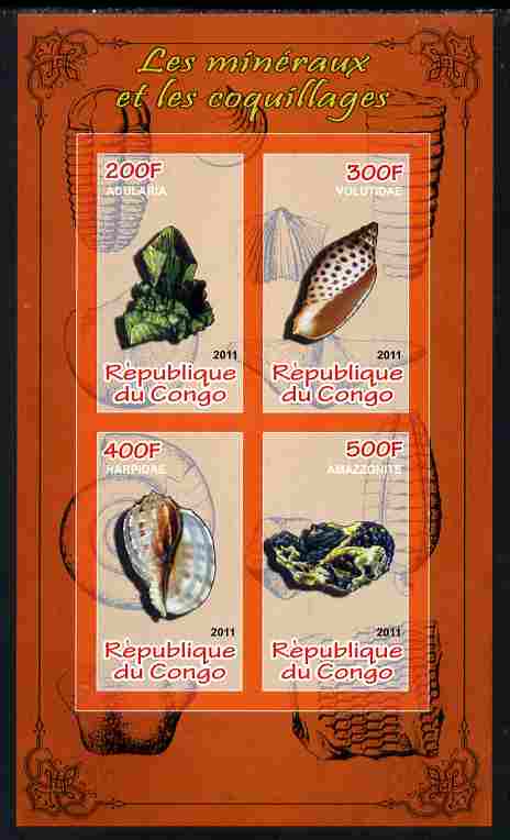 Congo 2011 Minerals & Sea Shells #1 imperf sheetlet containing 4 values unmounted mint, stamps on minerals, stamps on marine life, stamps on shells