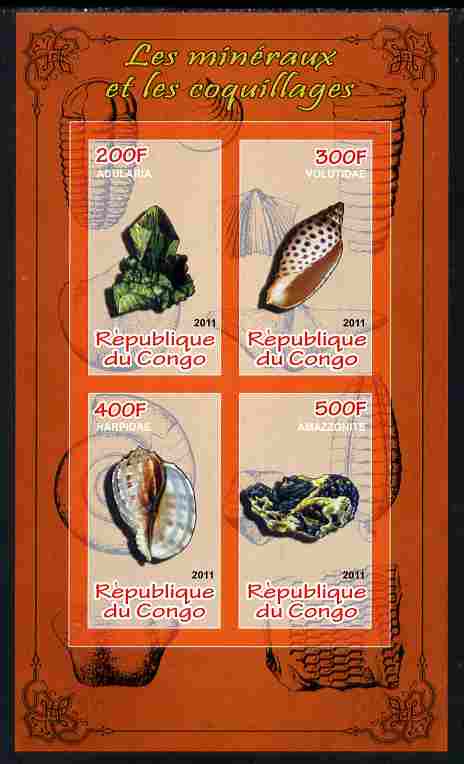 Congo 2011 Minerals & Sea Shells #1 imperf sheetlet containing 4 values unmounted mint, stamps on , stamps on  stamps on minerals, stamps on  stamps on marine life, stamps on  stamps on shells