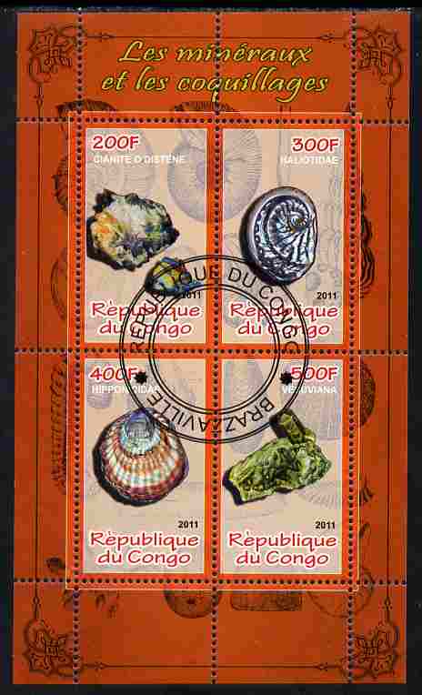 Congo 2011 Minerals & Sea Shells #2 perf sheetlet containing 4 values cto used, stamps on , stamps on  stamps on minerals, stamps on  stamps on marine life, stamps on  stamps on shells