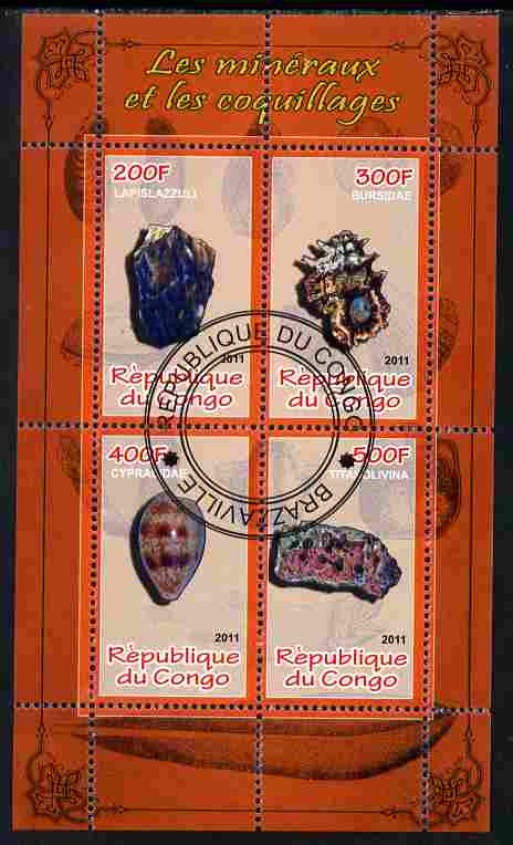 Congo 2011 Minerals & Sea Shells #3 perf sheetlet containing 4 values cto used, stamps on , stamps on  stamps on minerals, stamps on  stamps on marine life, stamps on  stamps on shells