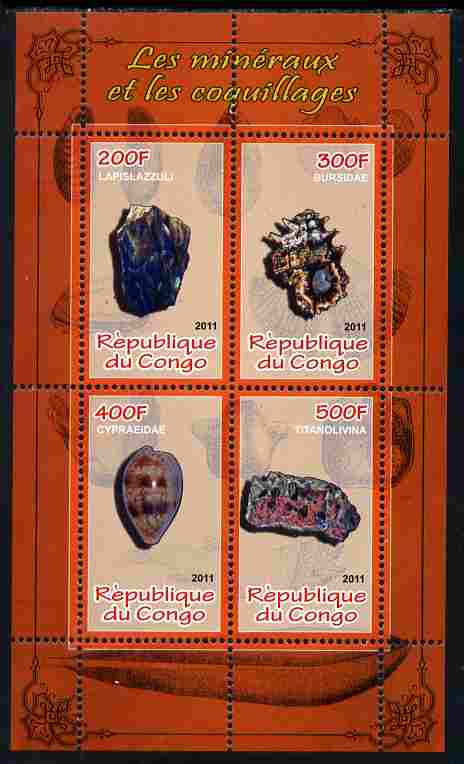 Congo 2011 Minerals & Sea Shells #3 perf sheetlet containing 4 values unmounted mint, stamps on minerals, stamps on marine life, stamps on shells