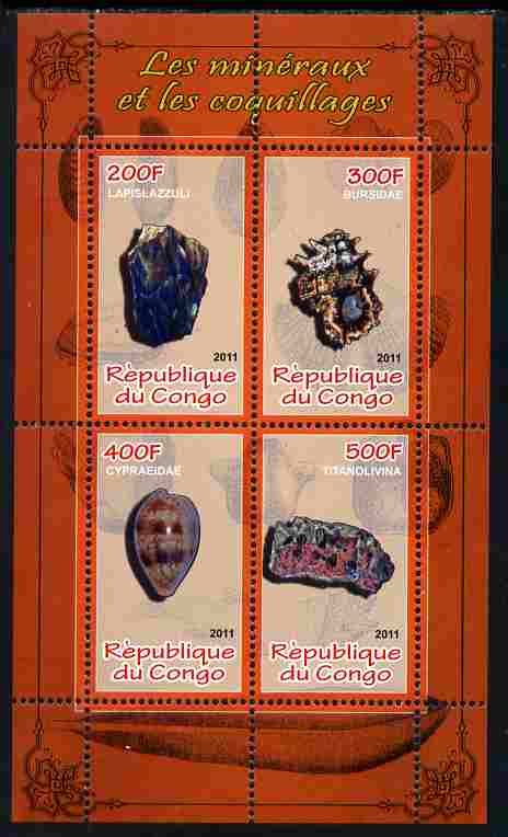 Congo 2011 Minerals & Sea Shells #3 perf sheetlet containing 4 values unmounted mint, stamps on , stamps on  stamps on minerals, stamps on  stamps on marine life, stamps on  stamps on shells