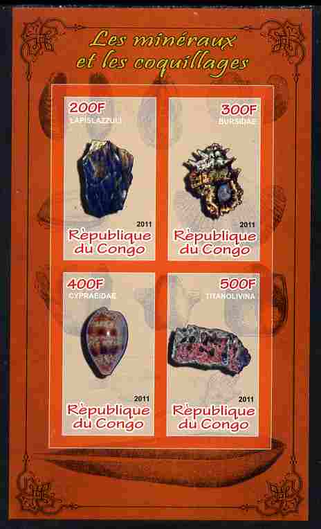 Congo 2011 Minerals & Sea Shells #3 imperf sheetlet containing 4 values unmounted mint, stamps on , stamps on  stamps on minerals, stamps on  stamps on marine life, stamps on  stamps on shells