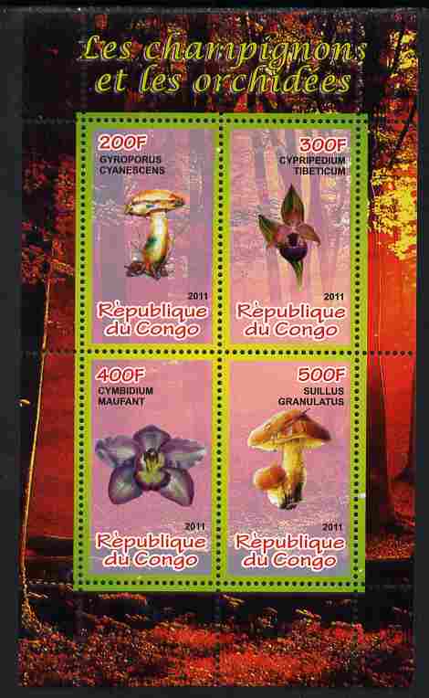 Congo 2011 Mushrooms & Orchids #1 perf sheetlet containing 4 values unmounted mint, stamps on fungi, stamps on flowers, stamps on orchids