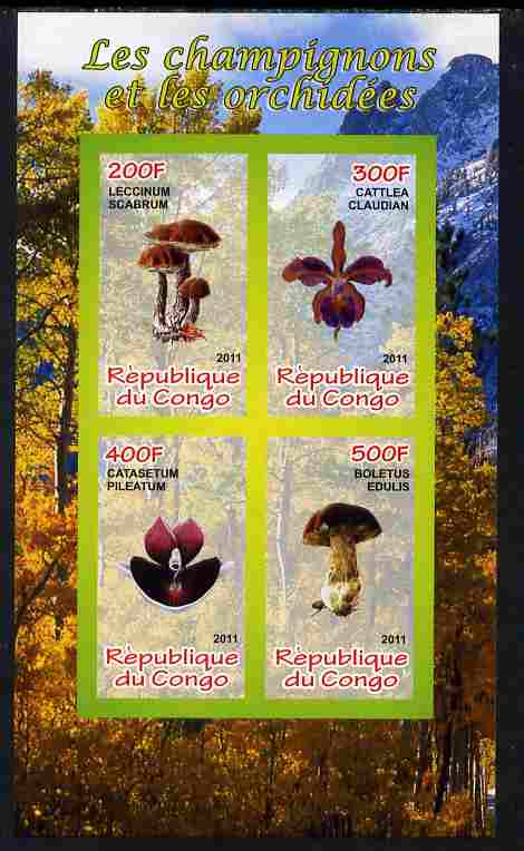 Congo 2011 Mushrooms & Orchids #2 imperf sheetlet containing 4 values unmounted mint, stamps on fungi, stamps on flowers, stamps on orchids