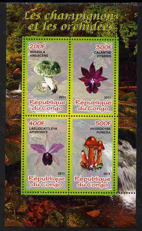 Congo 2011 Mushrooms & Orchids #3 perf sheetlet containing 4 values unmounted mint, stamps on , stamps on  stamps on fungi, stamps on  stamps on flowers, stamps on  stamps on orchids