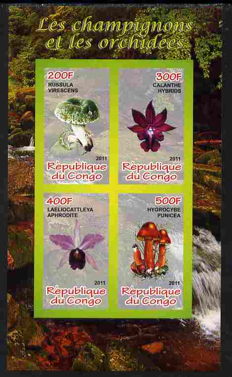 Congo 2011 Mushrooms & Orchids #3 imperf sheetlet containing 4 values unmounted mint, stamps on fungi, stamps on flowers, stamps on orchids