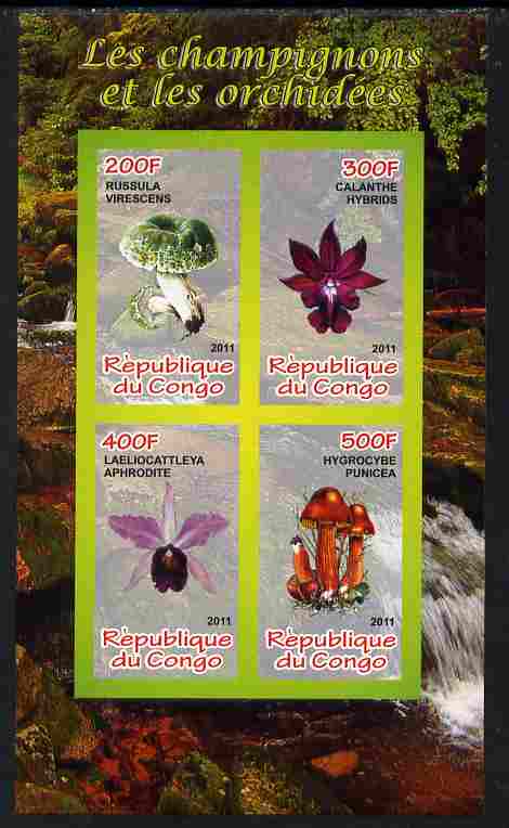 Congo 2011 Mushrooms & Orchids #3 imperf sheetlet containing 4 values unmounted mint, stamps on , stamps on  stamps on fungi, stamps on  stamps on flowers, stamps on  stamps on orchids