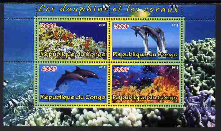 Congo 2011 Dolphins & Coral #1 perf sheetlet containing 4 values unmounted mint, stamps on , stamps on  stamps on coral, stamps on  stamps on marine life, stamps on  stamps on dolphins