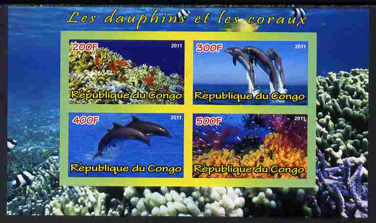 Congo 2011 Dolphins & Coral #1 imperf sheetlet containing 4 values unmounted mint, stamps on coral, stamps on marine life, stamps on dolphins