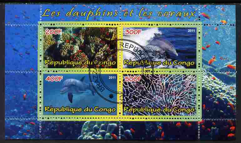 Congo 2011 Dolphins & Coral #2 perf sheetlet containing 4 values cto used, stamps on , stamps on  stamps on coral, stamps on  stamps on marine life, stamps on  stamps on dolphins