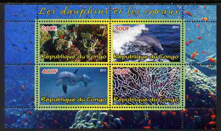 Congo 2011 Dolphins & Coral #2 perf sheetlet containing 4 values unmounted mint, stamps on coral, stamps on marine life, stamps on dolphins