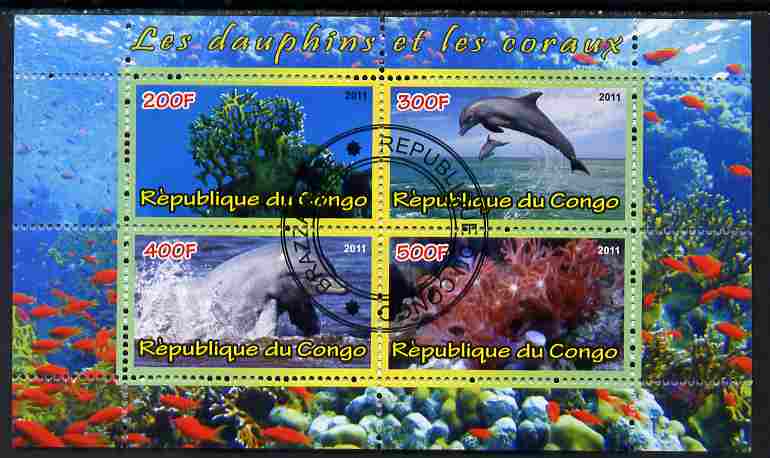 Congo 2011 Dolphins & Coral #3 perf sheetlet containing 4 values cto used, stamps on , stamps on  stamps on coral, stamps on  stamps on marine life, stamps on  stamps on dolphins