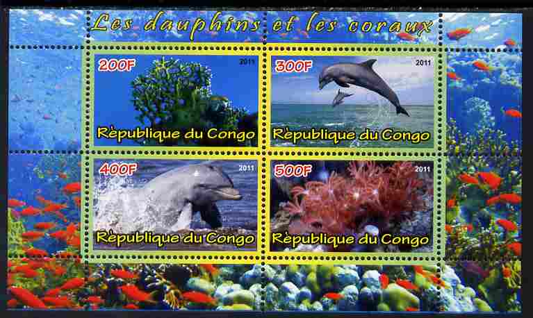 Congo 2011 Dolphins & Coral #3 perf sheetlet containing 4 values unmounted mint