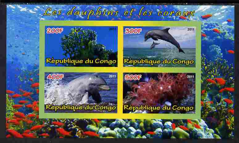 Congo 2011 Dolphins & Coral #3 imperf sheetlet containing 4 values unmounted mint, stamps on , stamps on  stamps on coral, stamps on  stamps on marine life, stamps on  stamps on dolphins