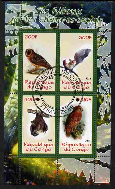 Congo 2011 Owls & Bats #1 perf sheetlet containing 4 values cto used, stamps on , stamps on  stamps on birds, stamps on  stamps on birds of prey, stamps on  stamps on owls, stamps on  stamps on mammals, stamps on  stamps on bats