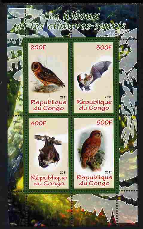 Congo 2011 Owls & Bats #1 perf sheetlet containing 4 values unmounted mint, stamps on birds, stamps on birds of prey, stamps on owls, stamps on mammals, stamps on bats