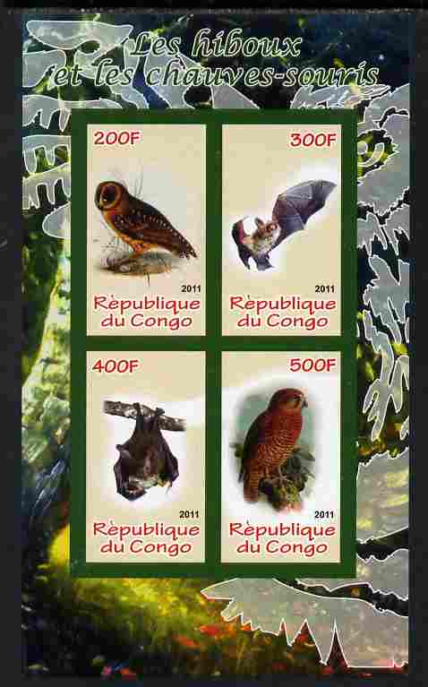 Congo 2011 Owls & Bats #1 imperf sheetlet containing 4 values unmounted mint, stamps on , stamps on  stamps on birds, stamps on  stamps on birds of prey, stamps on  stamps on owls, stamps on  stamps on mammals, stamps on  stamps on bats