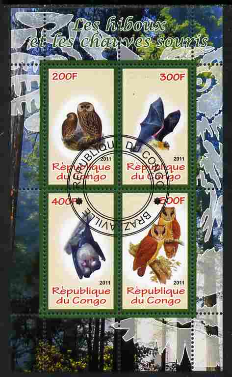 Congo 2011 Owls & Bats #2 perf sheetlet containing 4 values cto used, stamps on , stamps on  stamps on birds, stamps on  stamps on birds of prey, stamps on  stamps on owls, stamps on  stamps on mammals, stamps on  stamps on bats