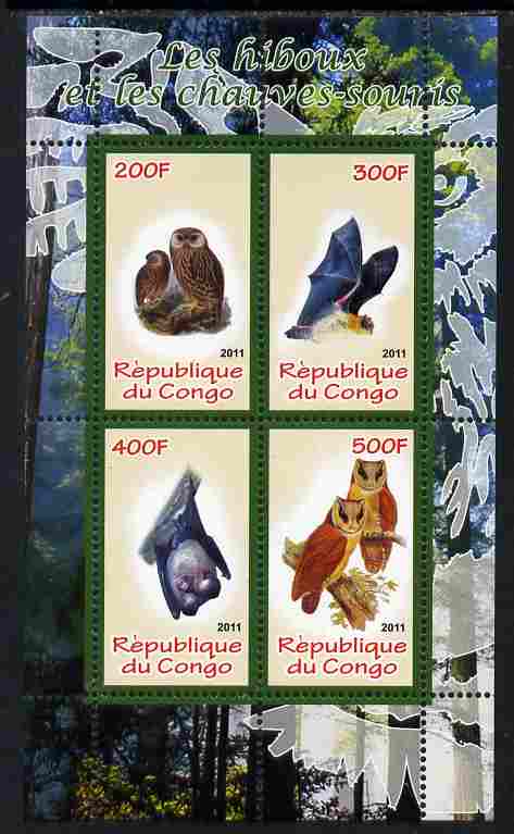 Congo 2011 Owls & Bats #2 perf sheetlet containing 4 values unmounted mint, stamps on birds, stamps on birds of prey, stamps on owls, stamps on mammals, stamps on bats