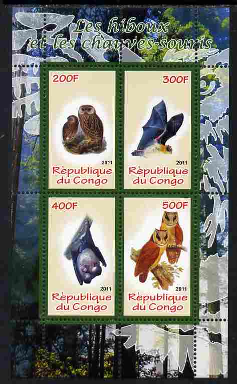 Congo 2011 Owls & Bats #2 perf sheetlet containing 4 values unmounted mint, stamps on , stamps on  stamps on birds, stamps on  stamps on birds of prey, stamps on  stamps on owls, stamps on  stamps on mammals, stamps on  stamps on bats