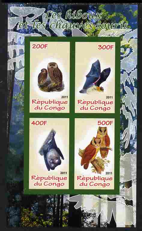 Congo 2011 Owls & Bats #2 imperf sheetlet containing 4 values unmounted mint, stamps on , stamps on  stamps on birds, stamps on  stamps on birds of prey, stamps on  stamps on owls, stamps on  stamps on mammals, stamps on  stamps on bats